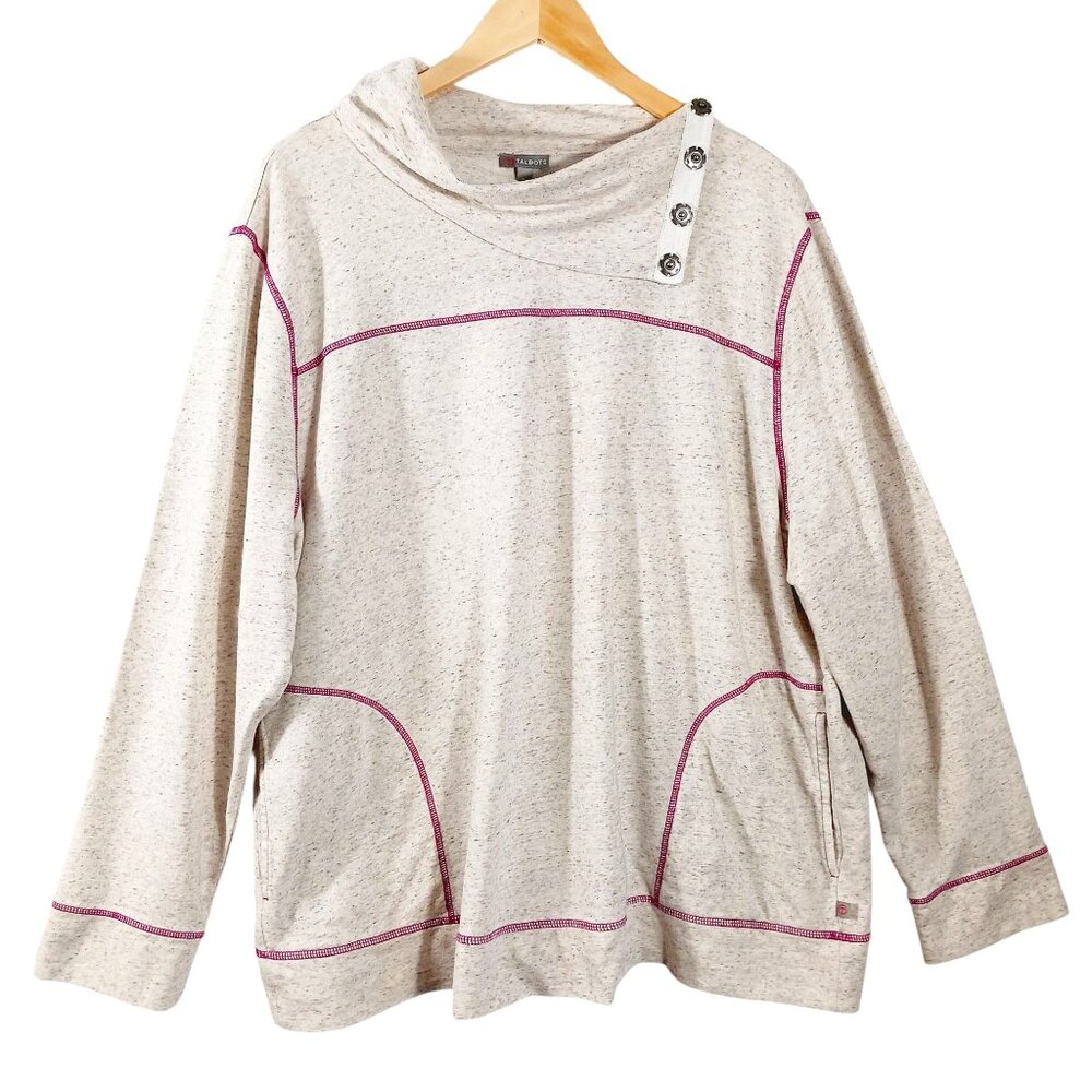 Talbots, 3X Sweatshirt, Snap Cowl Neck, Creamy w/ Purple/Pink Stitching, Pockets
